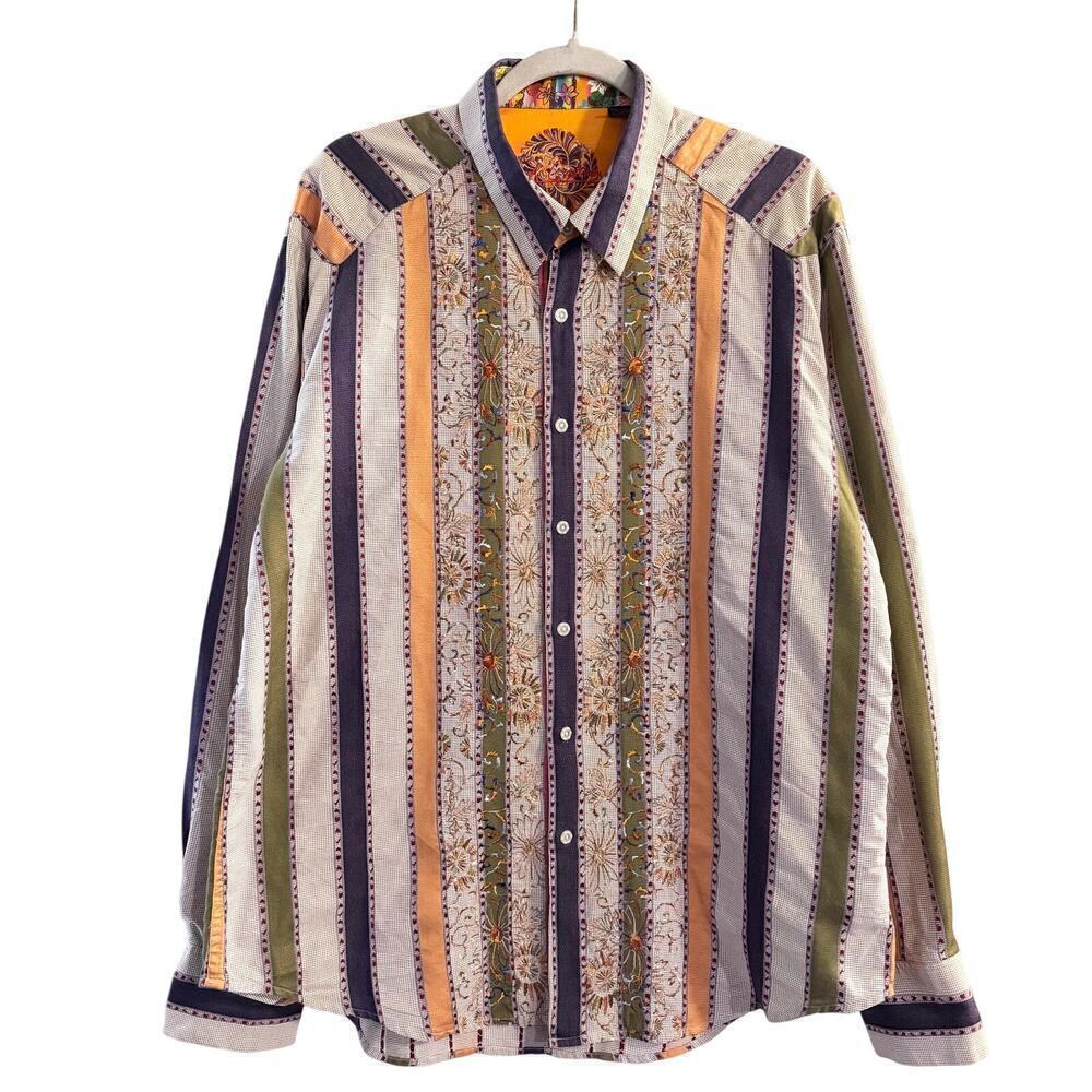 Robert Graham Floral Embroidered Cotton Silk Flip Cuff Multicolored Shirt Sz XL